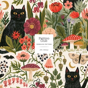 May include: A seamless pattern featuring black cats, red and pink flowers, mushrooms, berries, and moths on a cream background. A central white square displays the text Pattico Club, SEAMLESS PATTERN, and JPG-300dpi in black lettering.