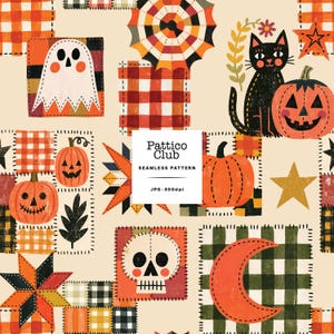 May include: A seamless pattern featuring a patchwork design with Halloween motifs including a white ghost, black cat, jack-o'-lanterns, skulls, stars, and a crescent moon on a cream background. Text reads Pattico Club SEAMLESS PATTERN JPG 300dpi.