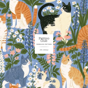 May include: A seamless pattern featuring various cats in orange, black, white, and gray among blue, pink, and white flowers on a light blue background. A central white square contains the text Pattico Club SEAMLESS PATTERN JPG-300dpi.