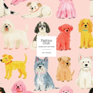 Puede incluir: Un patrón continuo con varios perros ilustrados en colores que incluyen blanco, amarillo, rojo, azul y rosa sobre un fondo rosa claro. Un cuadrado blanco central contiene el texto negro Pattico Club SEAMLESS PATTERN JPG 300dpi.