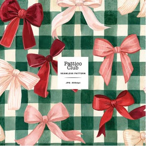 May include: A seamless pattern featuring watercolour-style bows in shades of deep red, light pink, and cream, set against a dark green and white checkered background. A white square in the centre displays the text Pattico Club SEAMLESS PATTERN JPG 300dpi.