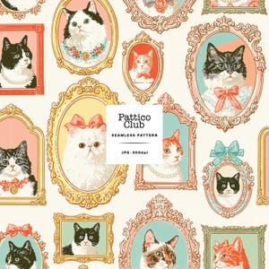 May include: A seamless pattern featuring various cats in ornate, vintage-style frames. The cats are depicted with accessories like bows and pearl necklaces. The central text reads Pattico Club, SEAMLESS PATTERN, JPG-300dpi on a white square.