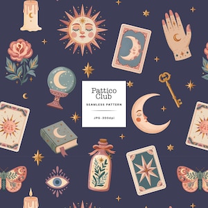 May include: A seamless pattern on a dark blue background featuring illustrations of a sun, moon, tarot cards, a crystal ball, a key, a rose, a book, a potion bottle, an eye, butterflies, and candles. Text reads Pattico Club SEAMLESS PATTERN JPG 300dpi.