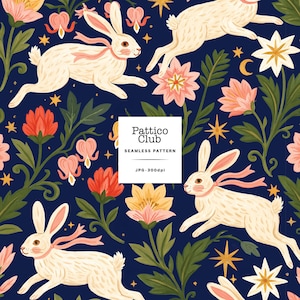 May include: A seamless pattern featuring white rabbits with pink ribbons around their necks, surrounded by pink and orange flowers, green leaves, and yellow stars on a dark blue background. A central white square displays the text Pattico Club.