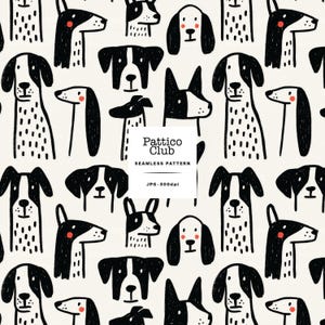 May include: A seamless pattern featuring black and white hand-drawn dog illustrations on an off-white background. The dogs have varied expressions and some feature small red circular cheeks. Text in the centre reads Pattico Club SEAMLESS PATTERN JPG-300dpi.