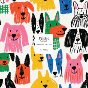 May include: A seamless pattern featuring colourful, hand-drawn style illustrations of various dog faces in shades of pink, orange, yellow, green, blue, and black on a white background. The text Pattico Club SEAMLESS PATTERN JPG 300dpi is centred.