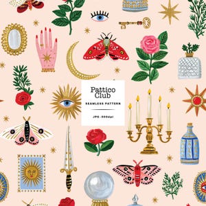 May include: A seamless pattern on a light pink background featuring illustrations of moths, roses, a golden candelabra, a crystal ball, a dagger, a sun, an eye, a key, and a mirror. The center white square displays the text Pattico Club SEAMLESS PATTERN JPG 300dpi.