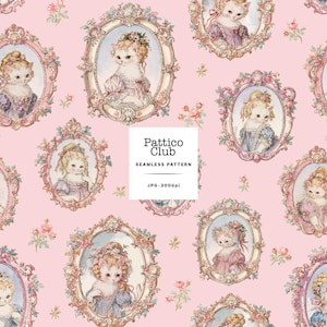 May include: A seamless pattern on a light pink background featuring repeating illustrations of white cats dressed in Victorian-style clothing, each enclosed in an ornate gold frame with small pink roses. Text reads Pattico Club.