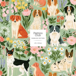 Puede incluir: Un patrón continuo que presenta varias razas de perros ilustradas con un estilo pictórico, intercaladas con flores coloridas como rosas, flores amarillas y margaritas blancas sobre un fondo verde claro. El texto dice Pattico Club.