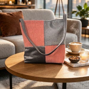 Bolso de patchwork hecho a mano en color coral y gris. Elegante e ideal para el uso diario.