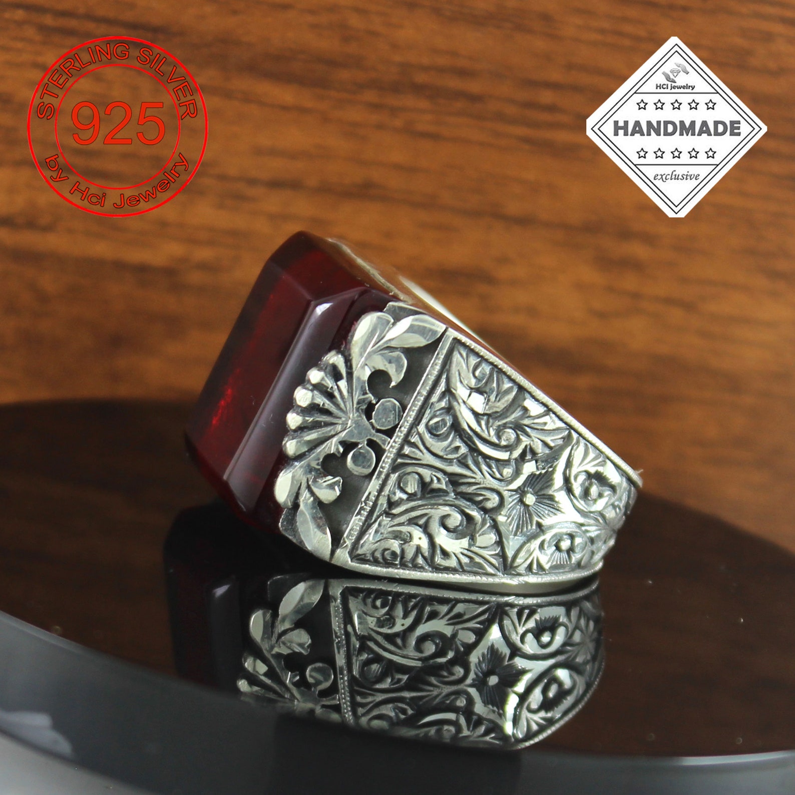 Red Amber Gemstone Mens Ring Rectangle Ring for Men 925 Etsy