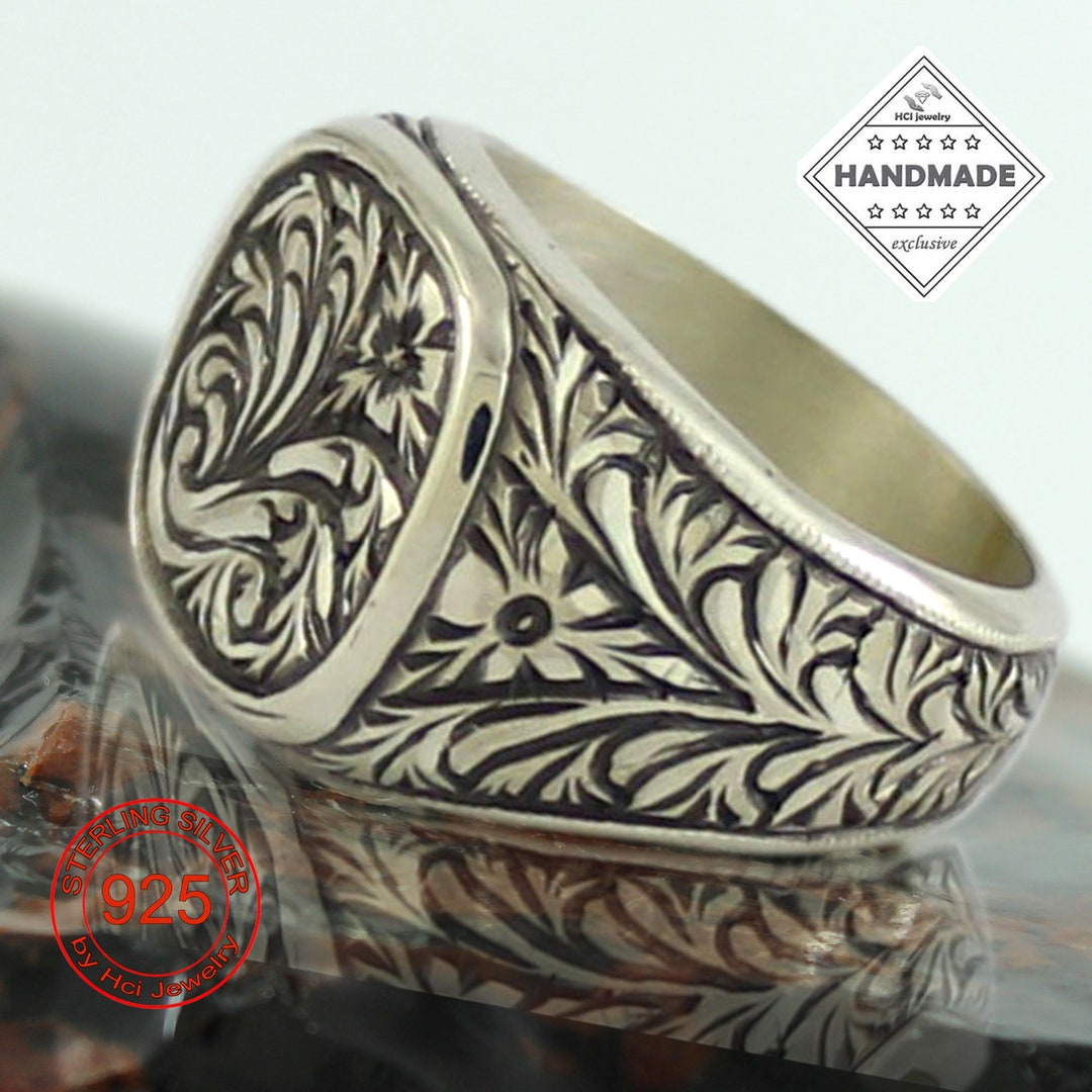 Hand Engraved Mens Ring 925 Sterling Silver Gift Ring Gift Etsy