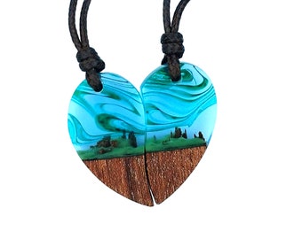 Necklace for Couples Valentines Necklace Aurora Borealis Wood Resin Jewelry Northern Lights Resin Necklace Wood Pendant Glow in the Dark