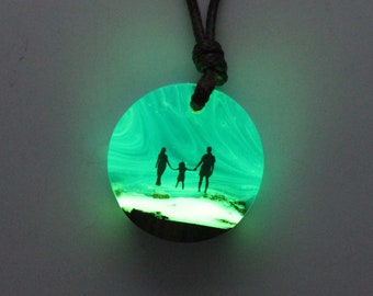 Family Necklace Aurora Borealis Wood Resin Jewelry Northern Lights Resin Necklace Wood Pendant Glow in the Dark Gift for Her Birthday
