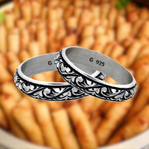 Vintage Style Wedding Band, Sterling Silver Floral Band, Solid Silver Engagement Ring, Men&#39;s Patterned Band, Womens Wedding Ring