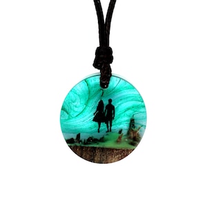 Valentines Necklace Aurora Borealis Wood Resin Jewelry Northern Lights Resin Necklace Wood Pendant Glow in the Dark Gift for Her Birthday