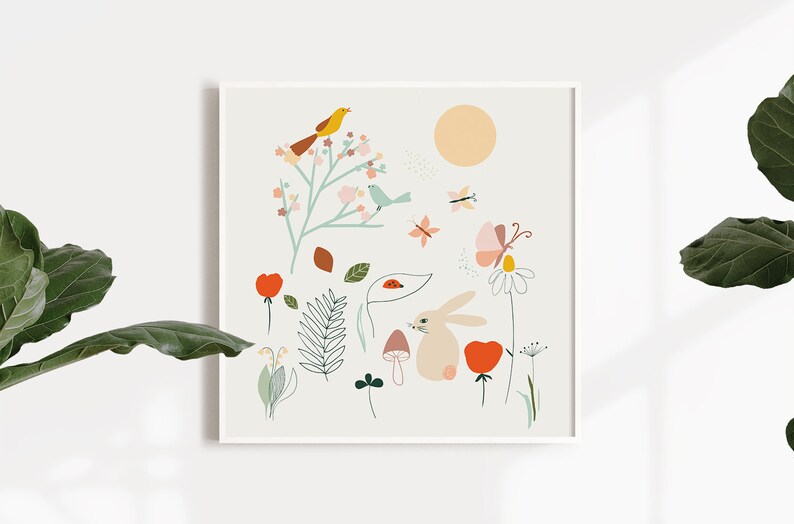 Square Nature Art Print prints woodland nursery printable Pink woodland animal printable Meadow printable nursery art boho illustration