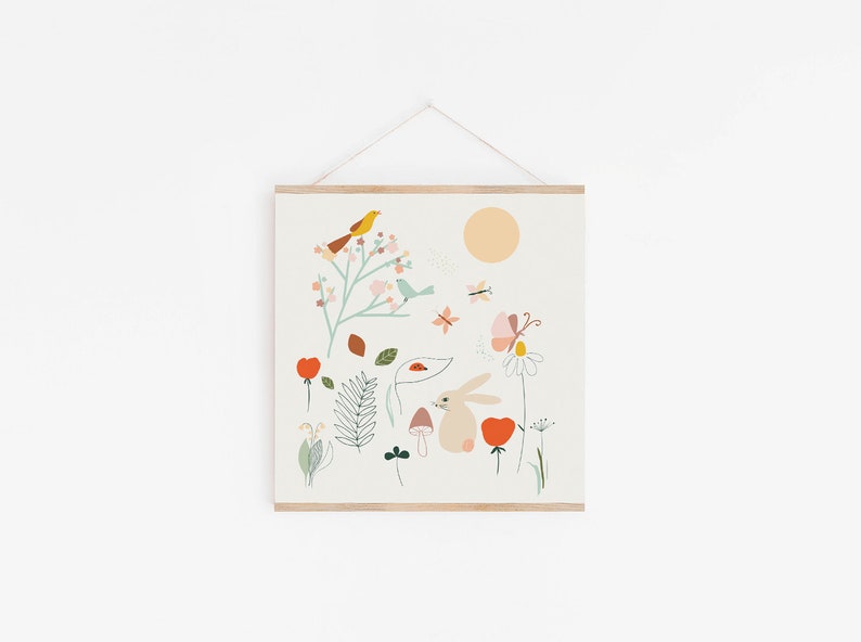 Square Nature Art Print prints woodland nursery printable Pink woodland animal printable Meadow printable nursery art boho illustration