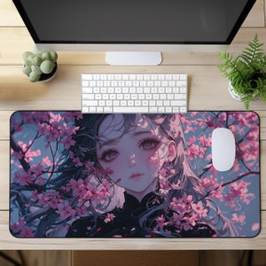 Anime Girl Mouse Pad - Cute Anime desk mat - Large gaming mouse pad - Desk mat gaming - Desk mat Sakura flower - Desk mat aesthetic