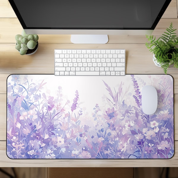 Lavender Flowers Mouse Pad - Cute purple desk mat - Large gaming mouse pad - Desk mat aesthetic - Lavender watercolor art - Purple desk mat