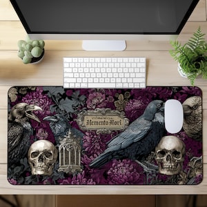 Gothic Mouse Pad, Memento Mori Desk Mat with Ravens, Skulls & Dark Florals, Halloween, Goth, Dark Academia Office Decor - Halloween decor