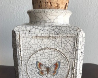 Vintage Hand Crafted Pottery Jar with Cork Lid & Butterfly Signed and Dated 1978, Crackle Finish