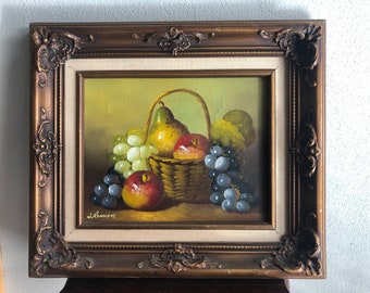 J. Remstedt Oil Still Life Painting Pear Apple Grapes Basket Fruit Framed  8x10” 