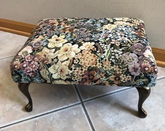 Vintage Tapestry Upholstered Footstool with Brass Tone Metal Cabriole Legs