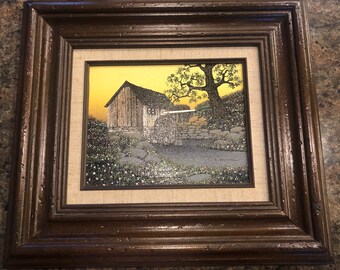 H. Hargrove Signed Certified Oil Painting - Watermill and Yellow Skies - Matted & Framed