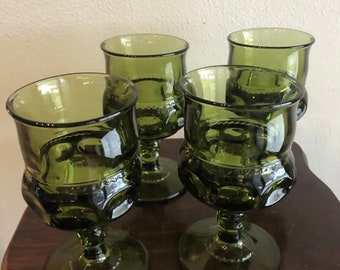 Set of 4 Green Indiana Glass Kings Crown Thumbprint 6 oz Goblets