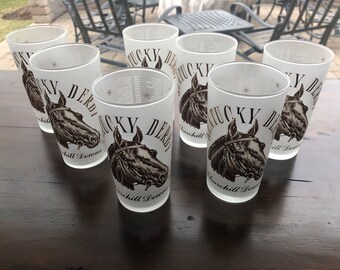 Set of 7 Vintage Frosted Kentucky Derby Churchill Downs Glasses - Winners 1875-1963