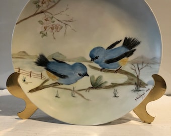 Hand Painted Plate With Blue Birds 10” Signed M. Williams 1968