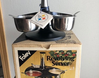 Vintage Foley No. 114 Revolving Server Condiment Caddy - Stainless Bowls & Spoons w/Box No Lids