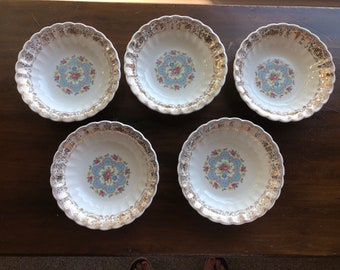 Set of 5 Vintage Limoges Lyric Pattern 22 K Gold Trimmed Bowl 6.25” in Diameter