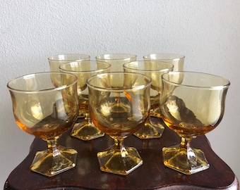 Vintage 8 oz Anchor Hocking Amber Glass Hexagon Bottom Stemmed Goblets Glasses Set of 8