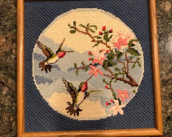 Vintage 1982 Hummingbirds and Cherry Blossoms Finished & Framed Needlepoint - Sunset Pattern 6414