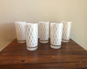 Set of 5 White and Gold Fred Press Diamond Pattern MCM Collins Highball Glasses, Signed