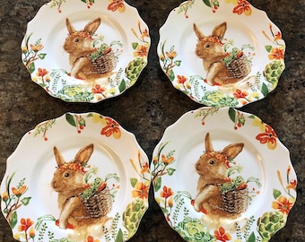 Set of 4 Pier 1 Lilly Bunny Rabbit Salad Dessert Plates - NEW with Tags