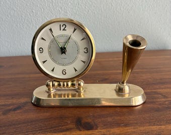 Vintage Brass Phinney-Walker by Semco German Wind Up Clock and Pen Holder - Works!