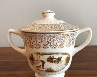 Currier & Ives “The Homestead in Winter” by Homer Loughlin Sugar Bowl with Lid