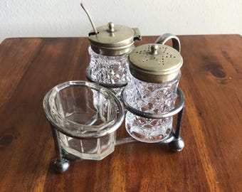 Edwardian Pressed Glass Condiment Salt Cellar Shaker With EPNS Caddy