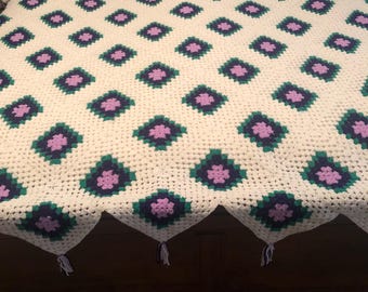 Vintage Handmade Crochet Afghan Blanket Spread 86”X 88" Granny Style Purple