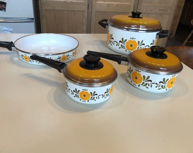 Vintage 7 Piece Enameled Cookware Set Floral Sunflowers 1970s Boho Etsy