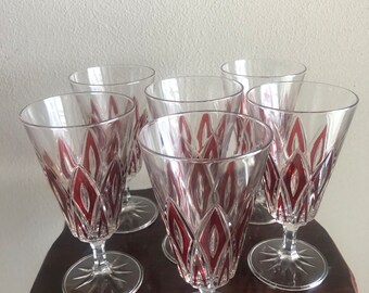 6 VMC Reims France 6.5” Ruby Red Diamond Stemmed Fluted Glasses 1950s