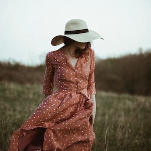 1950s Silk Shirt Dress Retro Polka Dot Midi Vintage Haute Couture Design