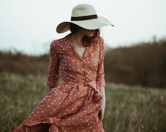 1950s shirt dress, dotted retro silk dress after an authentic vintage haute couture design. Premium quality made in France