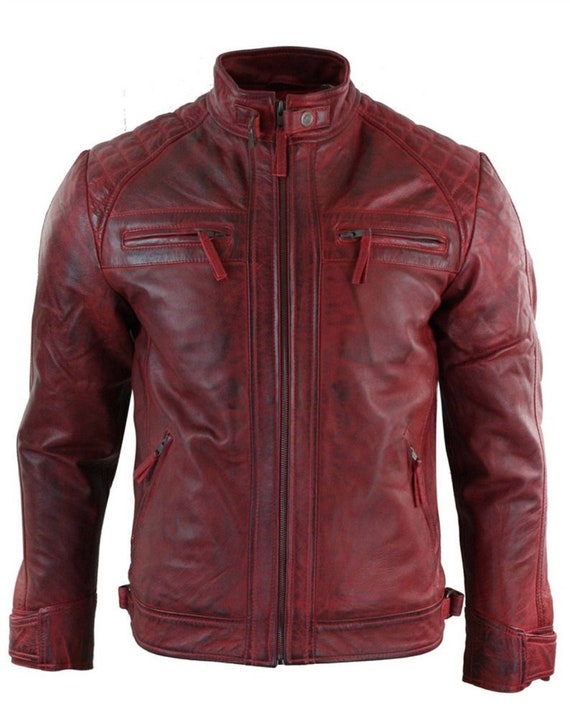 NOOAR Leather Jacket Mens Red Leather Jacket Bomber | Etsy