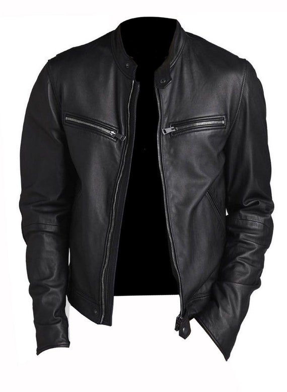 Men/'s Brando Vintage Motorcycle Classic Biker Black Real Leather Jacket Puffed