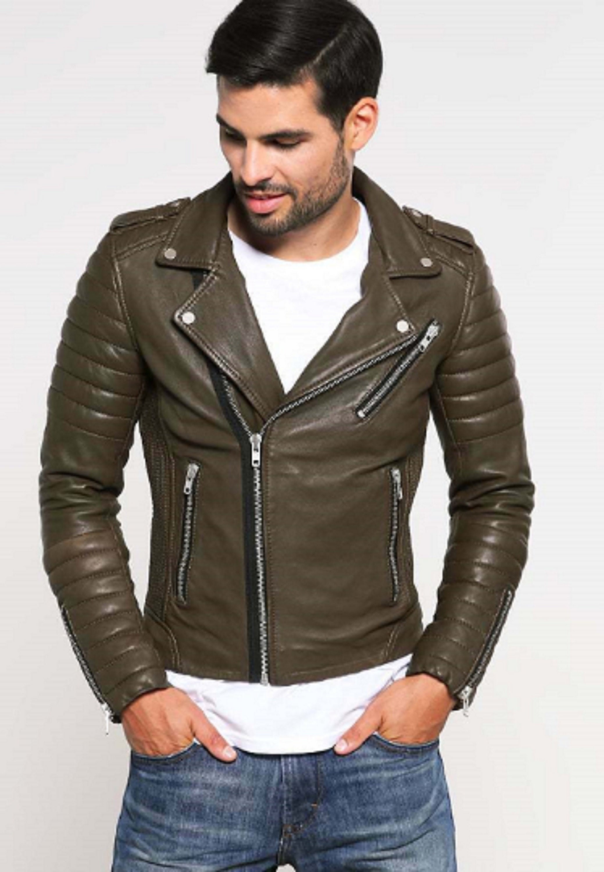 NOORA New Leather Jacket for Men Slim fit Khaki Color Genuine | Etsy