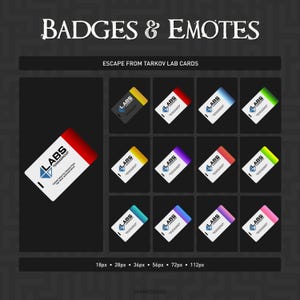 May include: A collection of Escape From Tarkov Lab Cards featuring the text LABS TERRAGROUP and United Security Issued Pass Top-level administration. The set includes one large card and twelve smaller cards in various colors including red, yellow, blue, green, purple, orange, lime, teal, and pink.